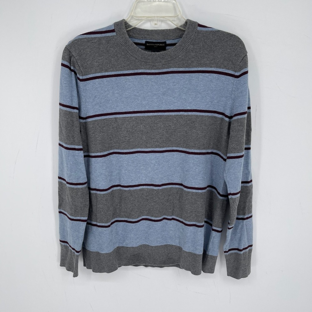 Banana Republic Men's Gray Blue Striped Long Sleeve Crewneck Sweater Top Size M
